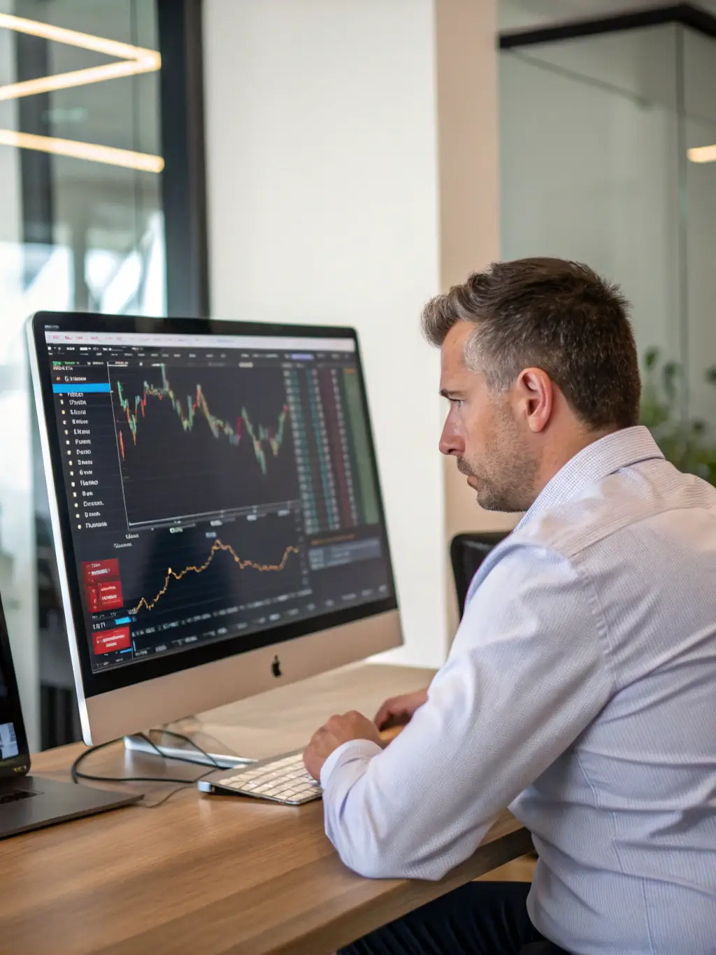 A professional photograph of a financial analyst reviewing stock charts in a modern office setting, symbolizing strategic financial analysis.