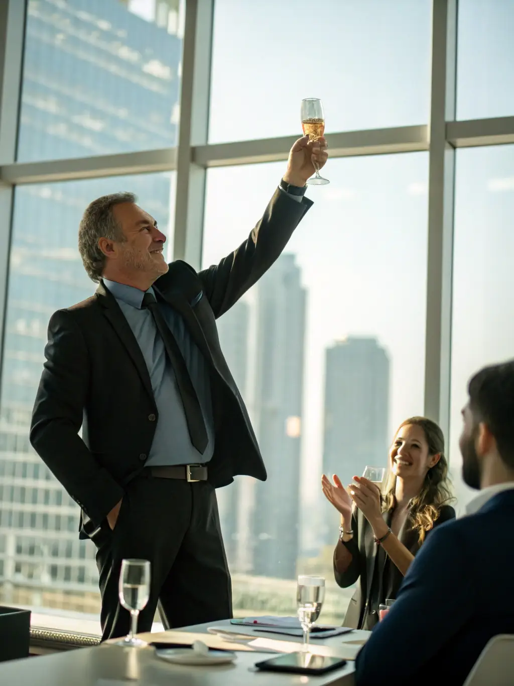 A visual representation of a successful NASDAQ listing ceremony, with executives celebrating the achievement.